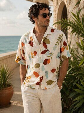 Common People Tropical Leaf Print Button Shirt Men's XL Camp Collar